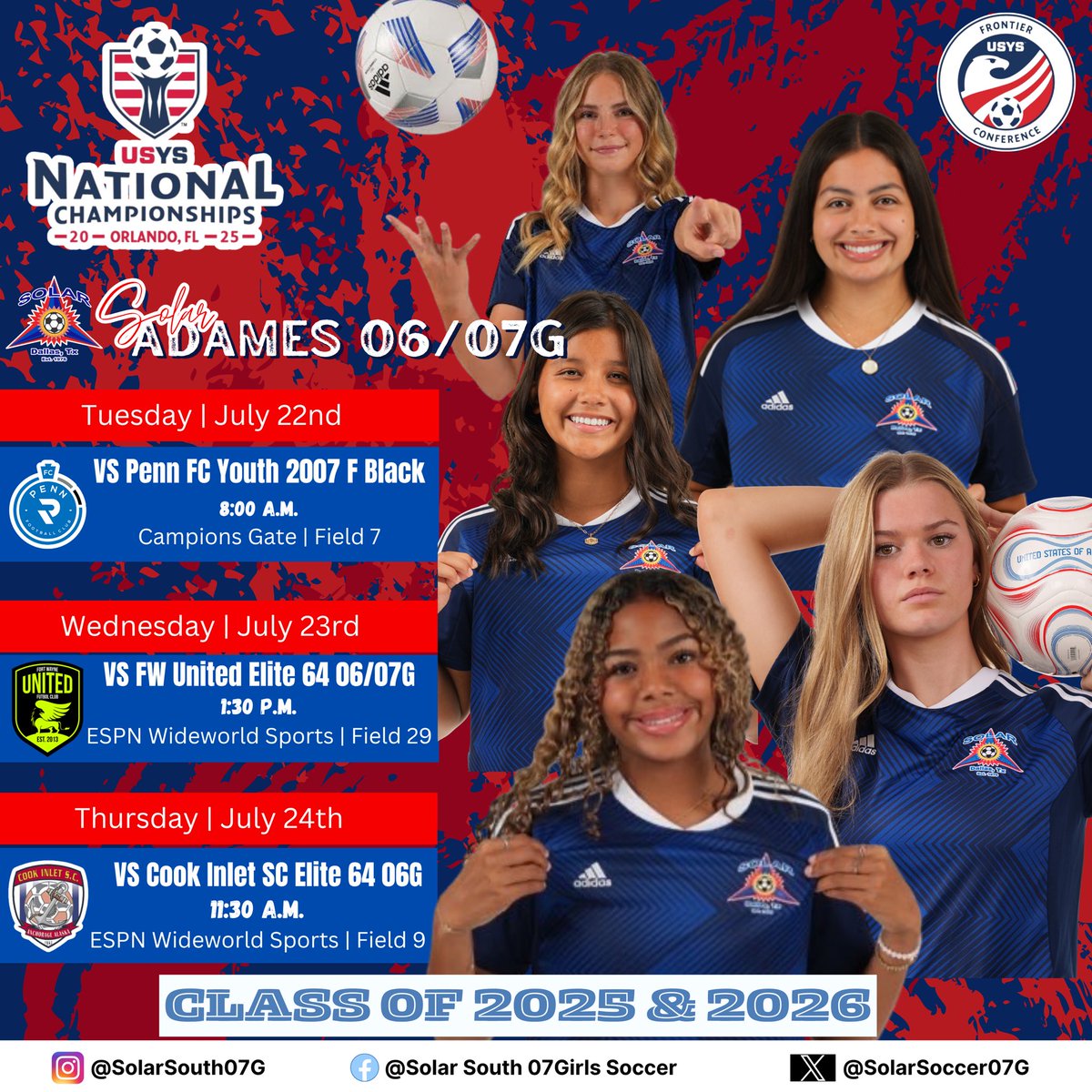 SolarSoccer07G's tweet photo. Big week in Orlando!
Solar Adames 06/07G ready to battle at the USYS National Championships.
👀 Eyes on elite talent.
Let’s work. Let’s win. Let’s represent.
#CollegeSoccer #SolarStrong
@USYouthSoccer @theECNL @TopDrawerSoccer @ImCollegeSoccer @SoccerRecruits https://t.co/Y7qgVg9nUZ