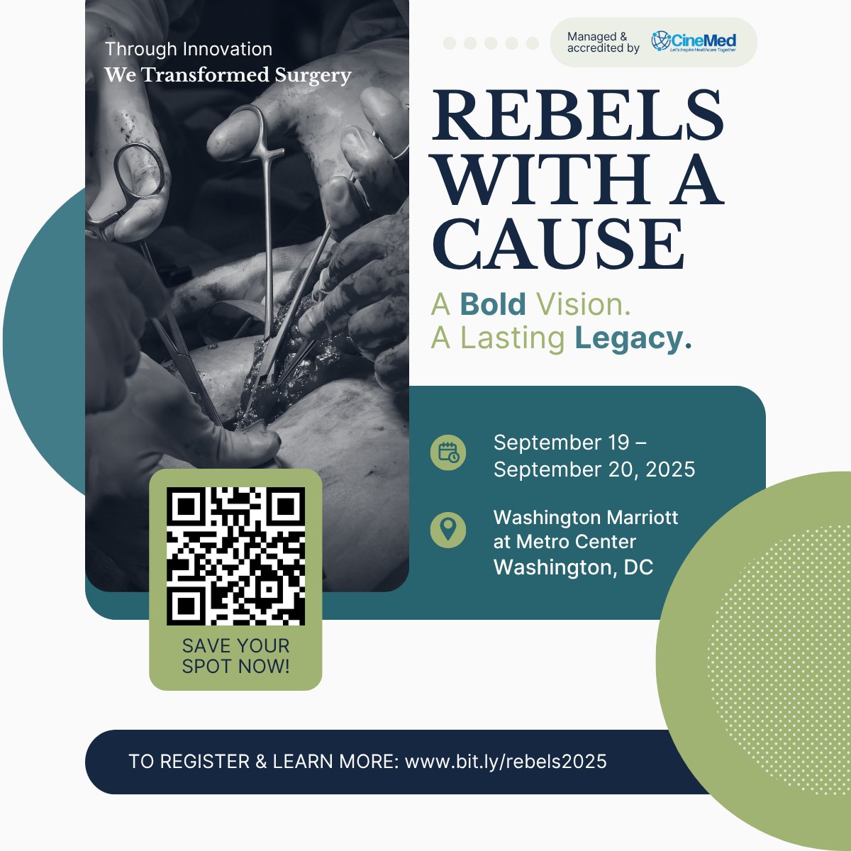 CineMed's tweet image. CineMed is proud to be the accredited provider of Rebels With a Cause, Sept 19–20, 2025, in Washington, DC.

Hear the pioneers of minimally invasive surgery share insights that inspire the future of healthcare.

🔗Register Now: bit.ly/rebels2025

#Rebels2025 #MISurgery…