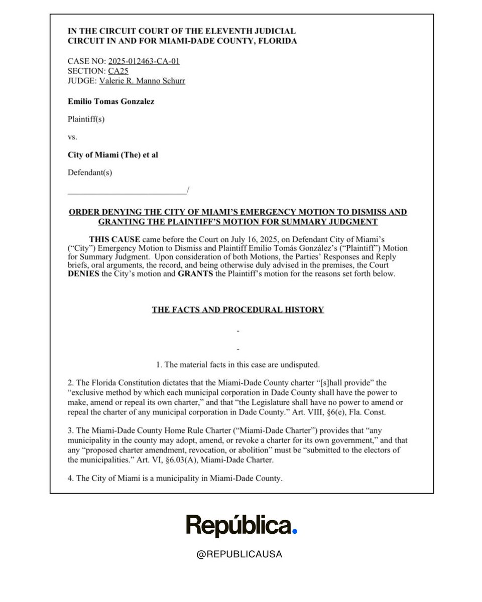 RepublicaUSA's tweet image. “Un juez frena el intento de cancelar las elecciones en Miami”
La comisión de Miami votó 3–2 para posponer las elecciones de 2025 y extender su propio mandato un año más.
Un juez declaró la medida inconstitucional, afirmando que no se pueden cambiar las reglas electorales sin…