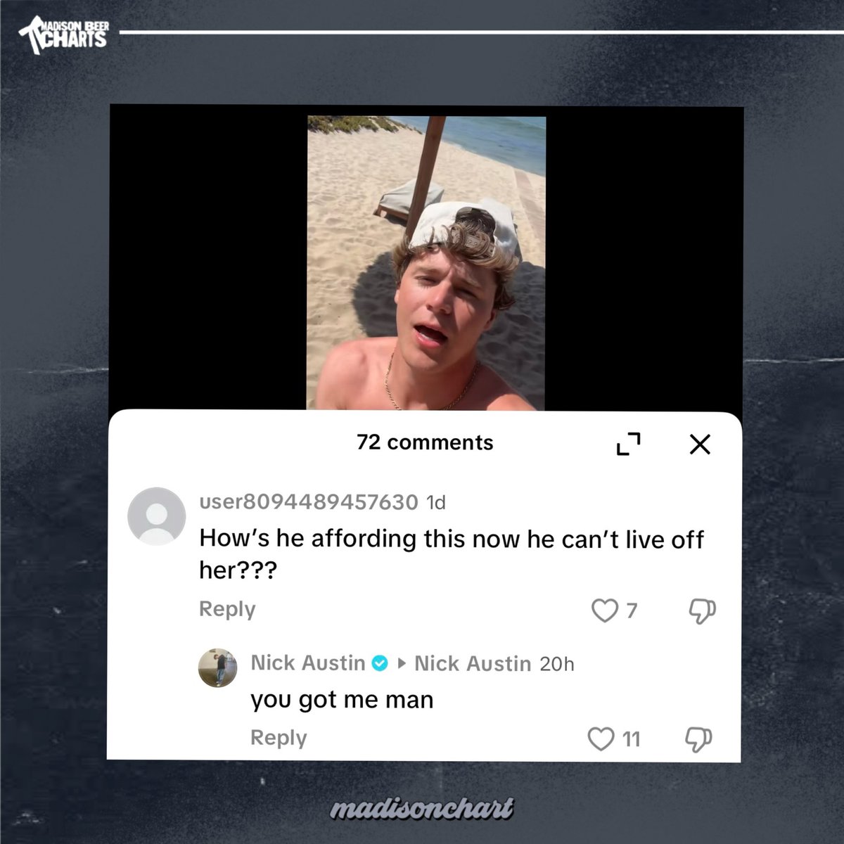 madisonchart's tweet image. Nick Austin responds to claims of leeching off Madison Beer after unfollowing her on TikTok too:
“you got me man”