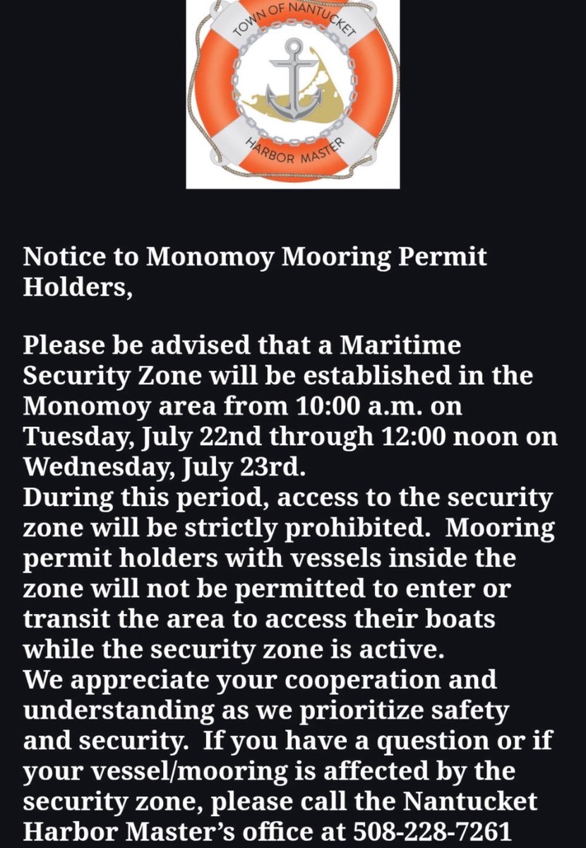 ACKCurrent's tweet image. Looks like Vice President JD Vance will be spending the night in the Monomoy area on Nantucket Harbor.
This message was just emailed to everyone with moorings in that area from the Nantucket Harbormaster: