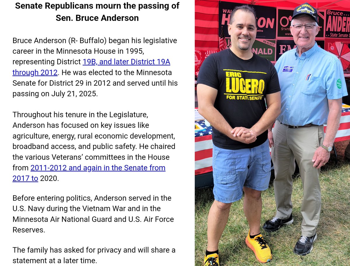 EricLuceroMN's tweet image. I am deeply saddened to learn of the passing today of colleague Wright County senator, Sen. Bruce Anderson. Bruce was a true patriot-servant who loved Jesus, loved our great Republic, and loved people. Rest in peace my friend.