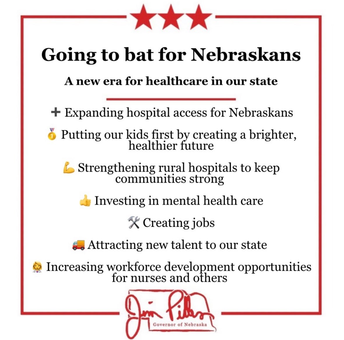 TeamPillen's tweet image. Recently, @POTUS’ Administration
approved our plan to enable Nebraska to receive a federal financial award that will allow for nearly a $1 billion increase in annual net revenue for our hospitals.
This marks a new era for healthcare in our state — one that will strengthen…
