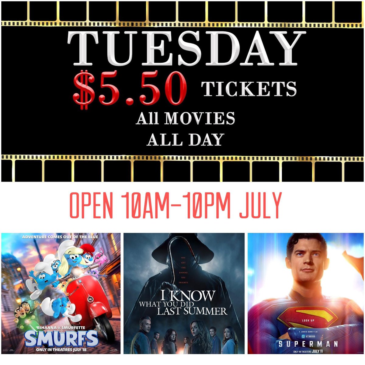 AuroraCineplex's tweet image. Join us Tuesday for $5.50 MOVIES- 
All Day at #AuroraCinepex 

$5.50– All Seats * All Shows * All Ages
( 3-D an extra $1.25. Additional charge for Fathom Entertainment). 

Now Playing— @SmurfsMovie 
@Superman 
@ikwydlsmovie 

Tix-fandango.com/aurora-cineple…

linktr.ee/auroracineplex
