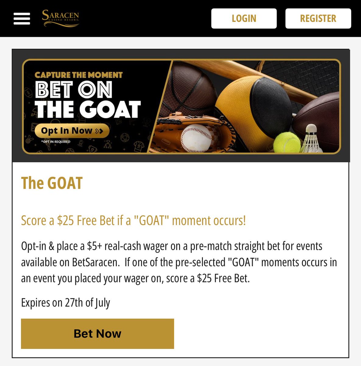 BetSaracen's tweet image. 🐐 The GOAT is back — and it’s dishing out FREE BETS 👀💰
Opt-in, place a $5+ pre-match wager, and if a GOAT moment hits in your game, you’ll score a $25 Free Bet just like that ⚡️
Hurry — offer runs through July 27th!
📲 Bet now on BetSaracen