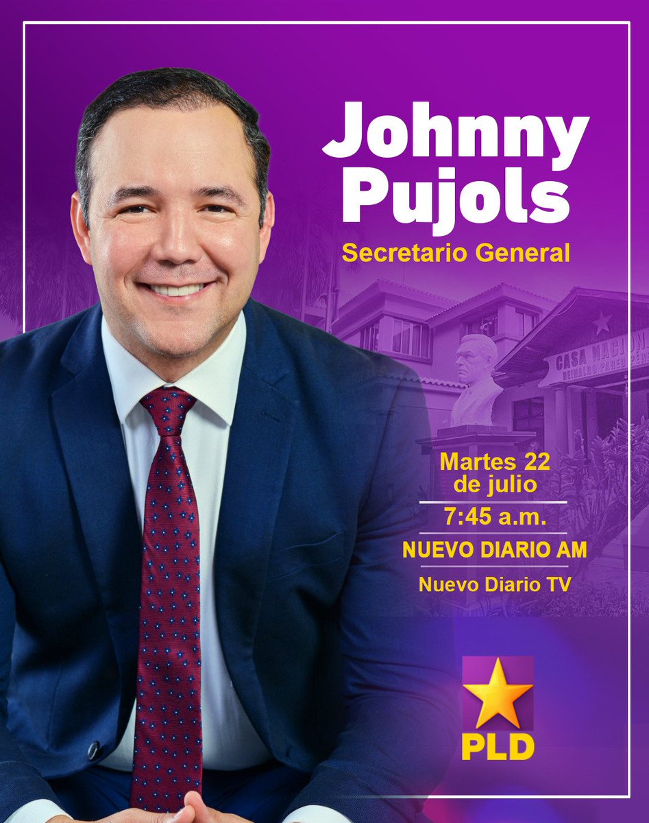 JOHNNY PUJOLS, Secretario General del #PLD | Estará mañana en: NUEVO DIARIO AM

🗓️ Martes 22 de Julio, 2025
🕓 7:45 a.m.
📡 Nuevo Diario TV
