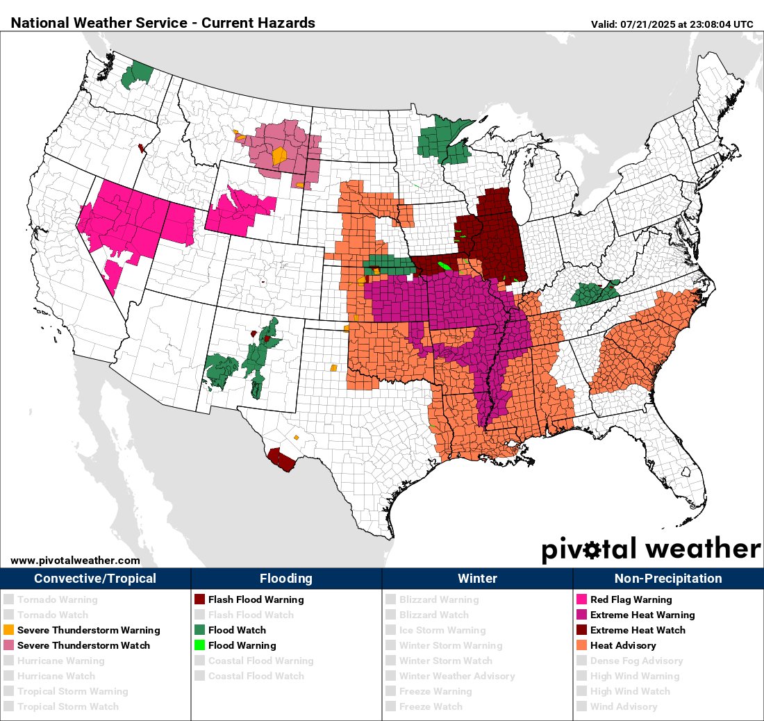 climateguyw's tweet image. On 7/21 major CAT3 #HeatwavePemex continued to strengthen since more watches and warnings were added in the Midwest and across the Southeast. Expect to see many high min records from Pemex this week. My heatwave criteria: guyonclimate.com/2025/04/12/ext… @olliemilman @BMcNoldy @KHayhoe
