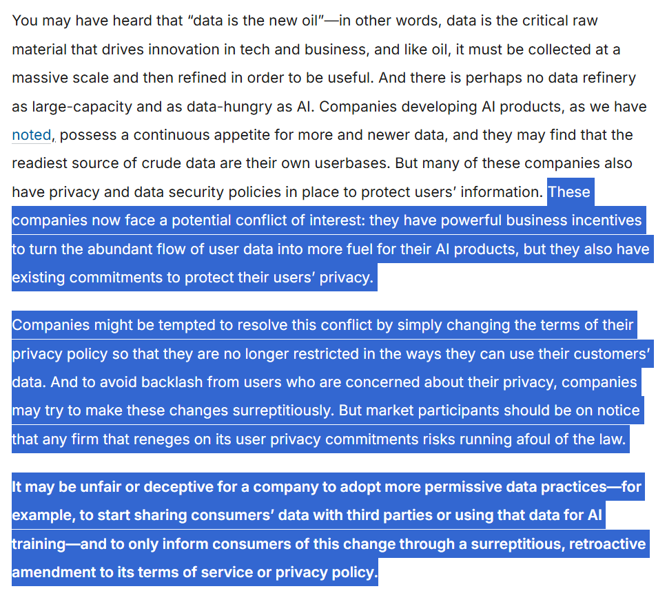MaricopaGOP's tweet image. DATA: "THE NEW OIL" FOR AI & LLM — DOUBLE-CHECK YOUR TERMS OF SERVICE —
AI Quietly Changing Terms of Service May Be Unfair or Deceptive: ftc.gov/policy/advocac…
As Companies Race to Add AI, Terms of Service Changes Going to Freak People Out: theregister.com/2025/07/18/llm…