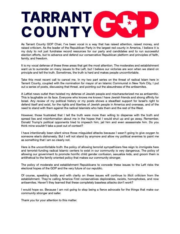 Carlos__Turcios's tweet image. I strongly support Tarrant GOP Chairman Bo French! The precinct chairs stand with you! We will never allow CAIR and the LEFTISTS to distract us with cancel culture.