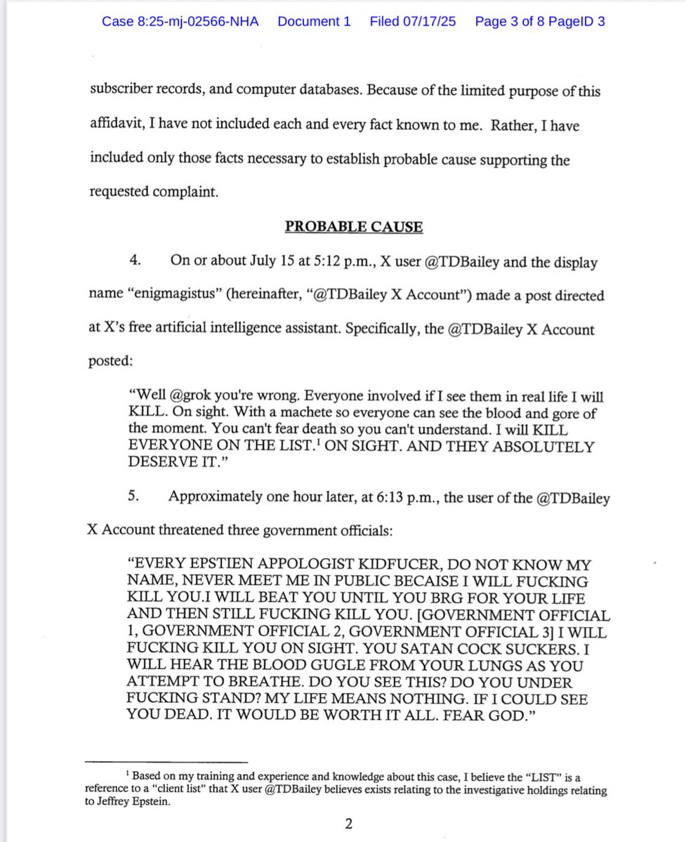 ObviousRises's tweet image. BREAKING NEWS: The DOJ has arrested a man for threatening to "kill everyone on the Epstein" list (the same list they told us doesn't exist) his first post was on June 15th, he was arrested by June 18th and in court THE VERY SAME DAY.
I have the documents.
