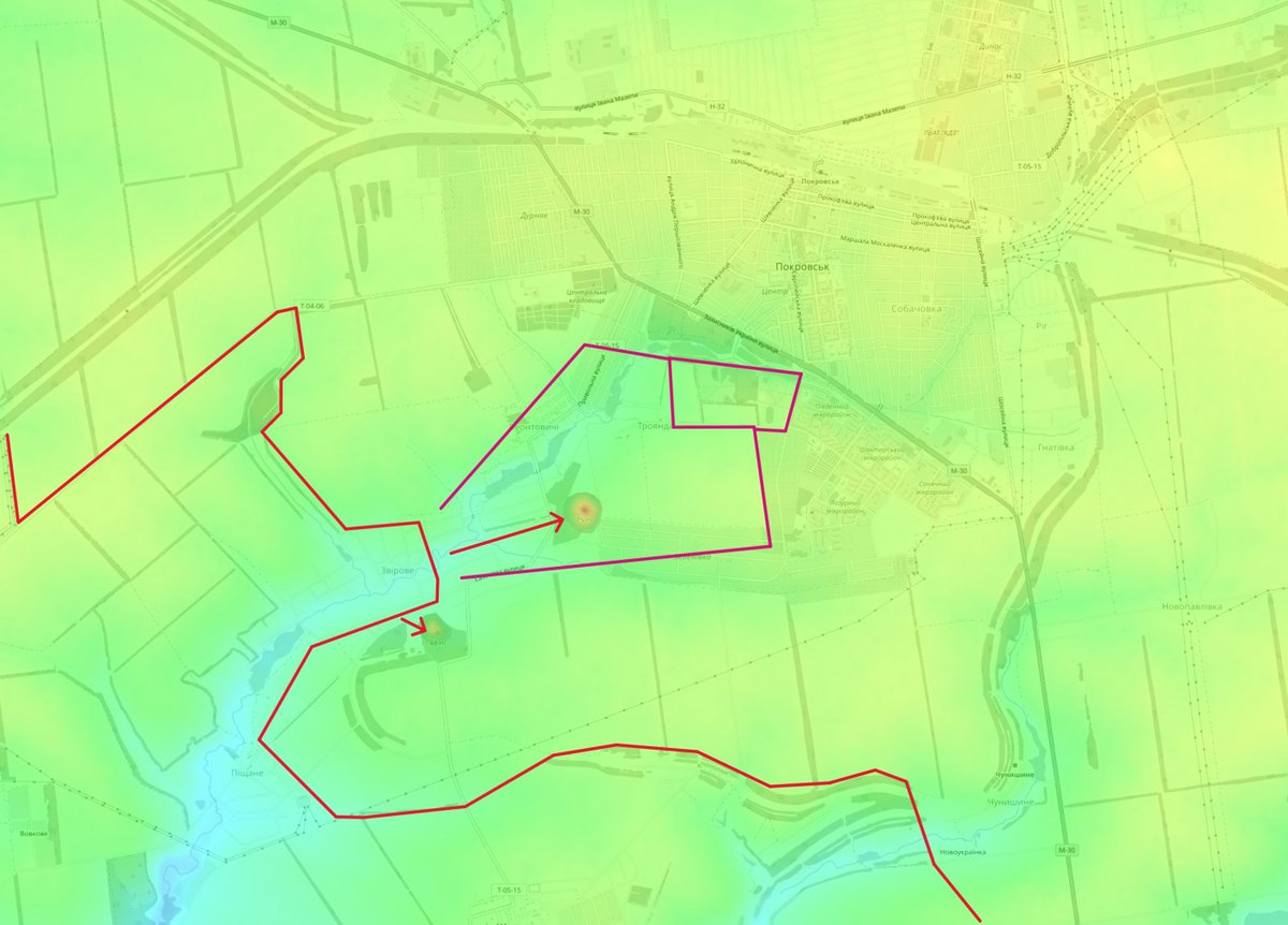 squatsons's tweet image. With Russian DRGs operating deep inside of Pokrovsk, it is more then likely that the two tactical heights south of the city are either under Russian control or grey zone.