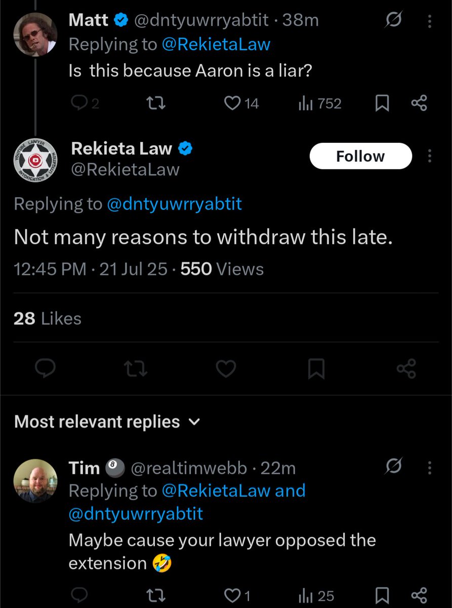 TheScarebro's tweet image. Aaron's attorney has withdrawn himself as Aaron's counsel in the HRO cases against @RekietaLaw and Melton.
Nick is handling it with his self-proclaimed newfound "humility." And posting Aaron's address.
All I can say is that attorneys have to withdraw all the time, and those…