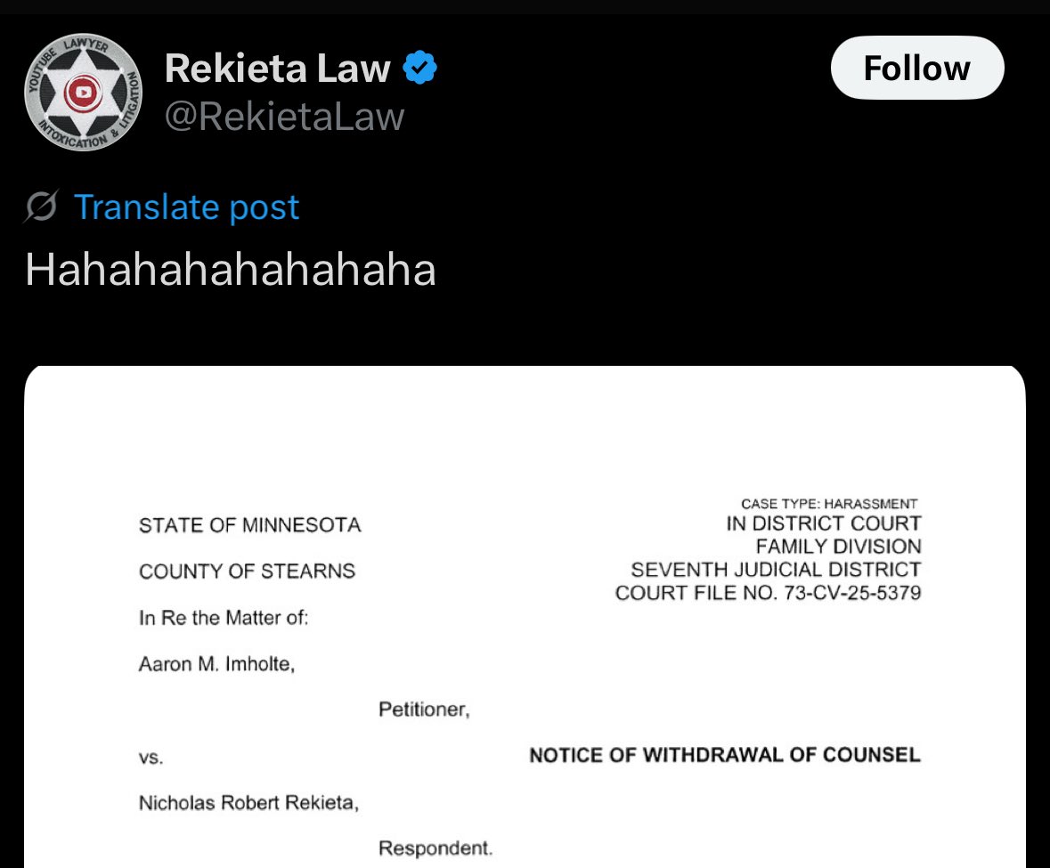 TheScarebro's tweet image. Aaron's attorney has withdrawn himself as Aaron's counsel in the HRO cases against @RekietaLaw and Melton.
Nick is handling it with his self-proclaimed newfound "humility." And posting Aaron's address.
All I can say is that attorneys have to withdraw all the time, and those…
