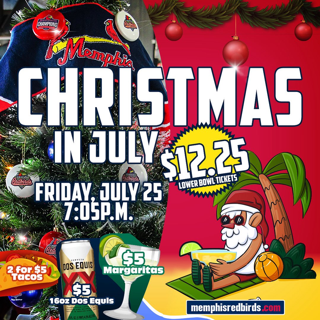 memphisredbirds's tweet image. That’s right, Christmas came early this year😎 You can get tickets to our Friday, July 25, game for just $12.25!! Not only that, but we’ve also got $5 margs, $5 @dosequis, and 2 for $5 tacos.
Grab your tickets on our website, Memphis!