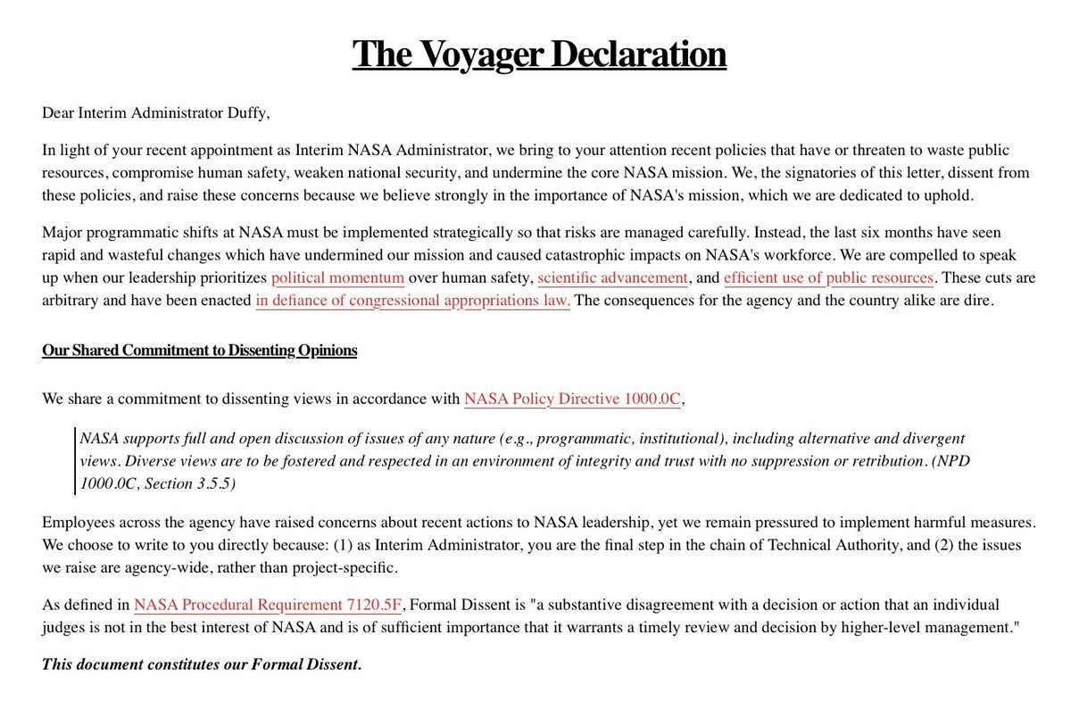 girlsreallyrule's tweet image. A group of 287 scientists and current and former NASA employees have issued a declaration criticizing the Trump administration's budget cuts, grant cancellations and a “culture of organizational silence” that could pose a risk to astronauts’ safety. standupforscience.net/nasa-voyager-d…
