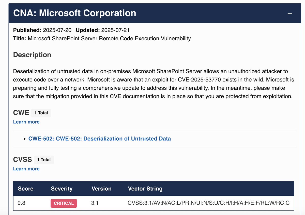 🚨 Critical #SharePoint zero-day (CVE-2025-53770) under active exploitation!
🔓 Unauthenticated RCE via unsafe deserialization
🌍 85+ servers breached — gov, edu &amp; enterprise targets
🧰 Attackers steal MachineKey to forge __VIEWSTATE payloads
🛡️ Mitigation steps:
• Patch ASAP
•