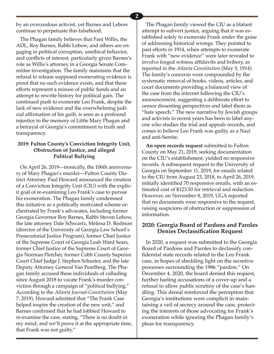 PhaganKean's tweet image. The Phagan Family Newsletter Number 15: July 21, 2025 (Part 1 of 4 Pages)
SHAME ON GEORGIA
for the Generations of Political Corruption, Opaque Secrecy, and Deceitful Revisionism Surrounding the 1913 Sexual Assault and Strangulation of Little Mary Phagan by Convicted Homicidal…
