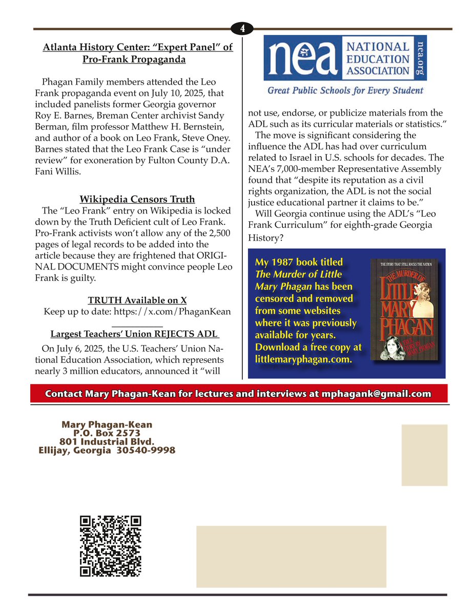 PhaganKean's tweet image. The Phagan Family Newsletter Number 15: July 21, 2025 (Part 1 of 4 Pages)
SHAME ON GEORGIA
for the Generations of Political Corruption, Opaque Secrecy, and Deceitful Revisionism Surrounding the 1913 Sexual Assault and Strangulation of Little Mary Phagan by Convicted Homicidal…