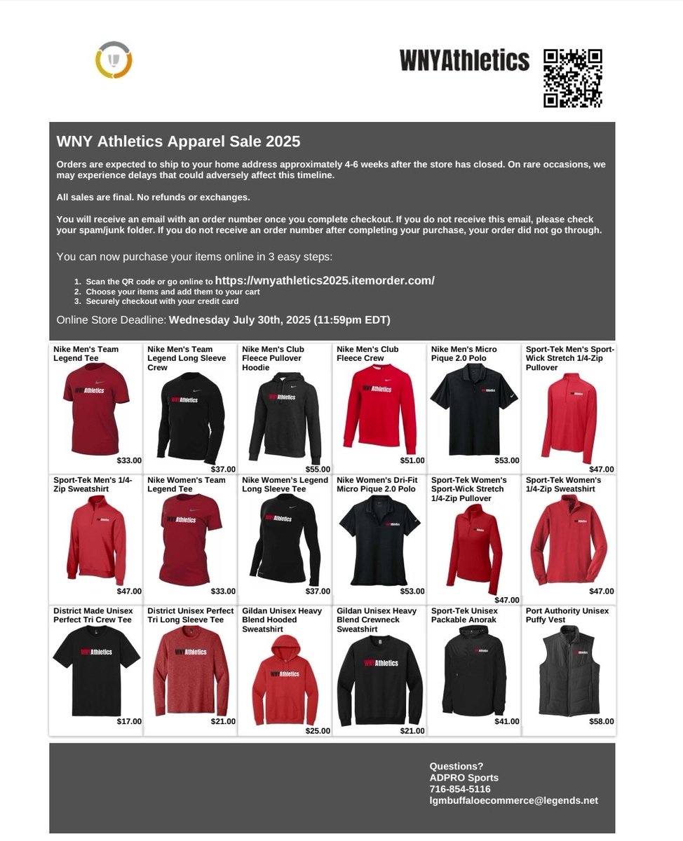 We're proud to announce the opening of our online gear store this Wednesday morning. 

All proceeds go back into supporting high school sports right here in WNY!

Set your alarms for Wednesday!

We appreciate your support!