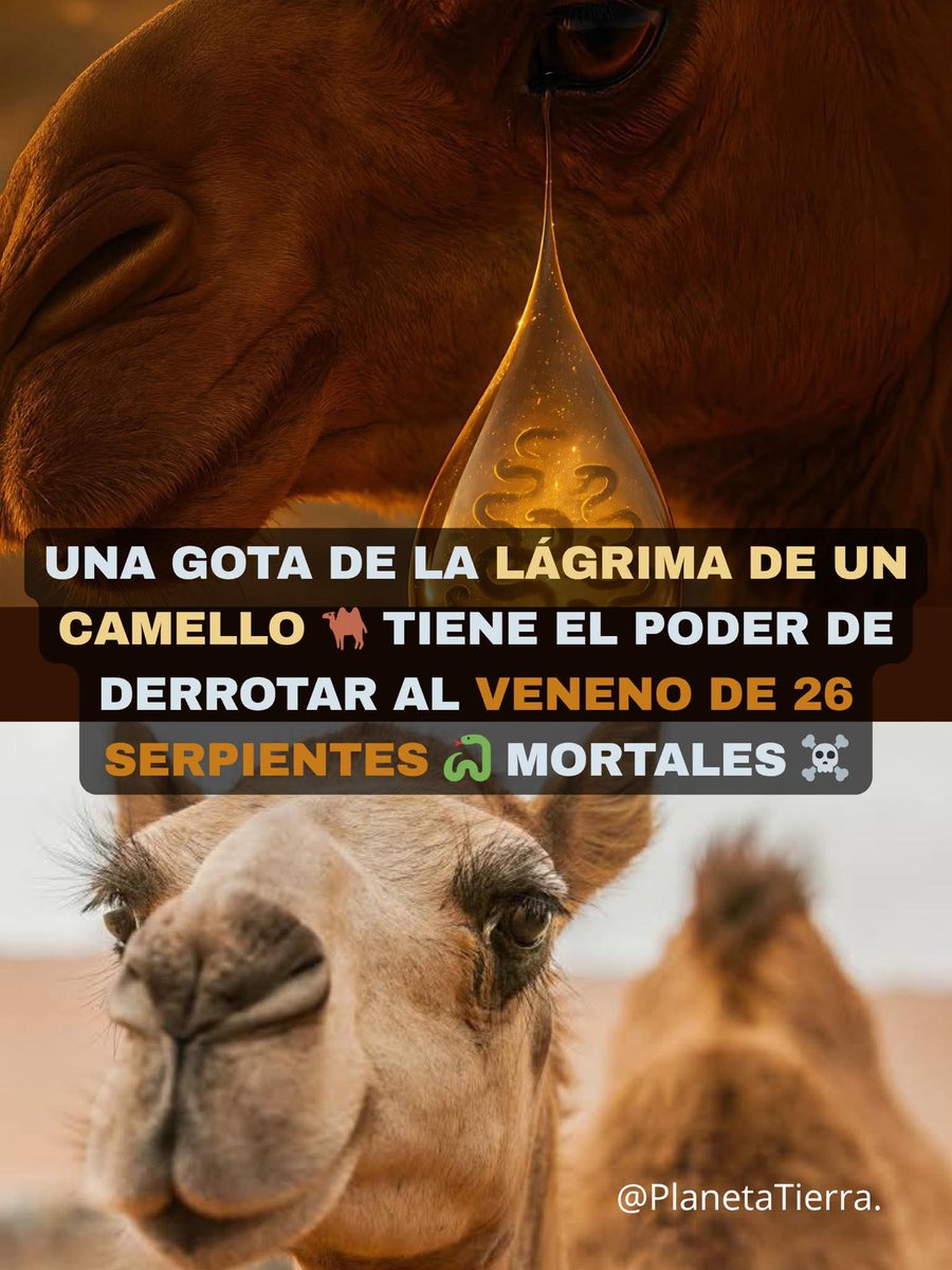 LA LAGRIMA DE UN CAMELLO 🐫 PUEDE SALVAR LA VIDA DE MUCHOS.
Científicos de los Emiratos Árabes Unidos y Francia encontraron que las lágrimas de camello contienen poderosos anticuerpos capaces de neutralizar el veneno de múltiples especies de serpientes.