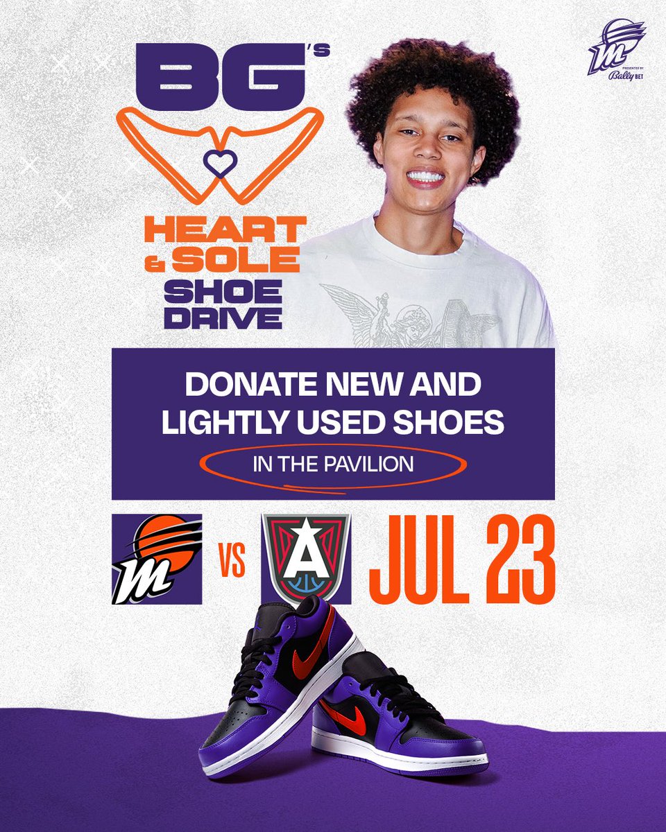 PhoenixMercury's tweet image. BG's Heart and Sole Drive is back for July 23rd's game!
All donations will be accepted at a table in the PHX Arena pavilion.
