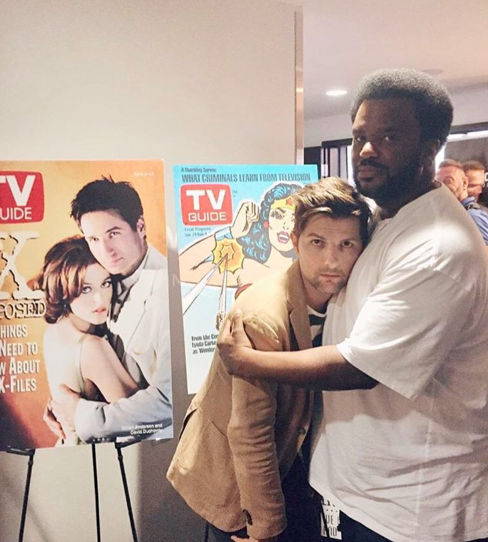 gestureland's tweet image. adam scott and craig robinson recreating david and gillian's tv guide cover. 😂