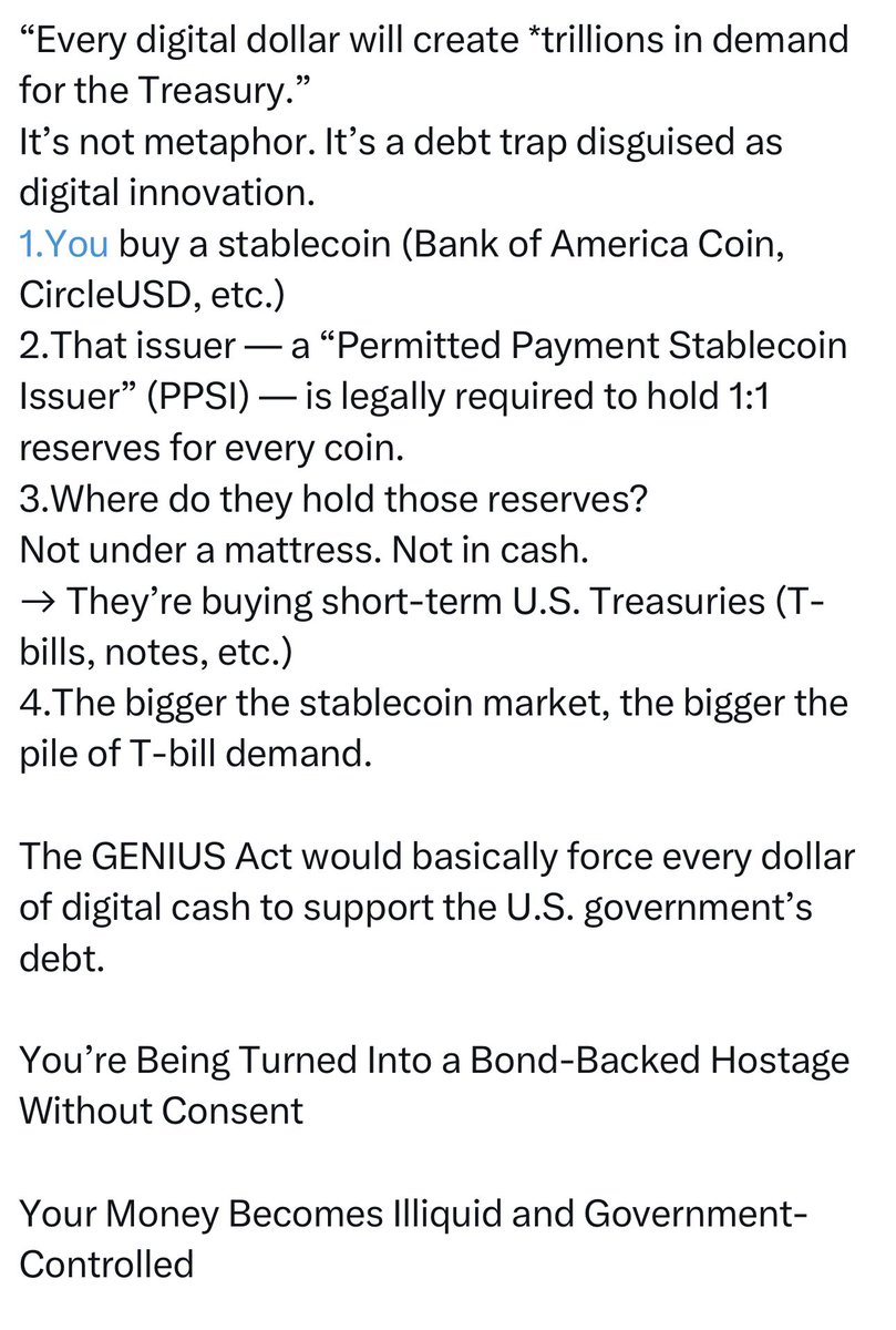 SlowlyDyingmrna's tweet image. You. Are. Being. Played.
Your Bitcoin and other ‘stable’ crypto assets are NOT safe under the new ‘GENIUS Act’ Trump and co. are bringing us.
Your job will be taken by AI in the next 5-10 years, unless you are underpaid slave labor for crop picking and basic sweatshop…