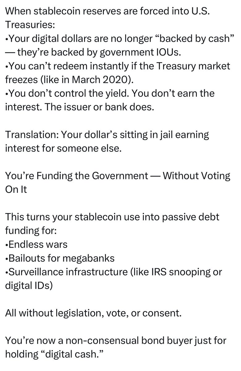 SlowlyDyingmrna's tweet image. You. Are. Being. Played.
Your Bitcoin and other ‘stable’ crypto assets are NOT safe under the new ‘GENIUS Act’ Trump and co. are bringing us.
Your job will be taken by AI in the next 5-10 years, unless you are underpaid slave labor for crop picking and basic sweatshop…