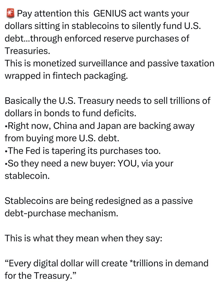 SlowlyDyingmrna's tweet image. You. Are. Being. Played.
Your Bitcoin and other ‘stable’ crypto assets are NOT safe under the new ‘GENIUS Act’ Trump and co. are bringing us.
Your job will be taken by AI in the next 5-10 years, unless you are underpaid slave labor for crop picking and basic sweatshop…