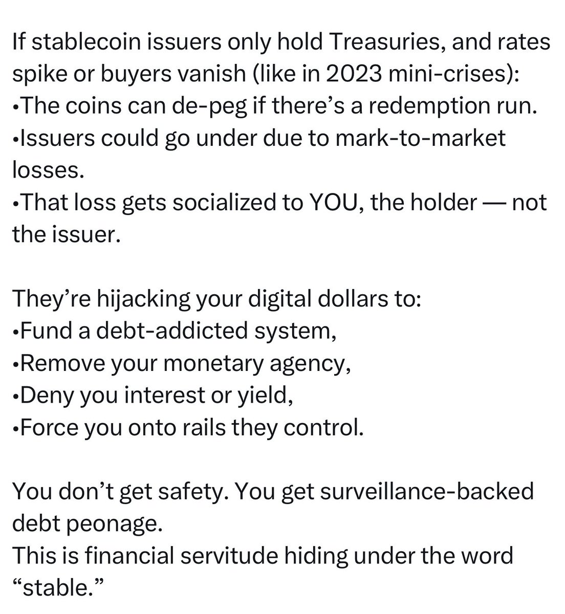 SlowlyDyingmrna's tweet image. You. Are. Being. Played.
Your Bitcoin and other ‘stable’ crypto assets are NOT safe under the new ‘GENIUS Act’ Trump and co. are bringing us.
Your job will be taken by AI in the next 5-10 years, unless you are underpaid slave labor for crop picking and basic sweatshop…