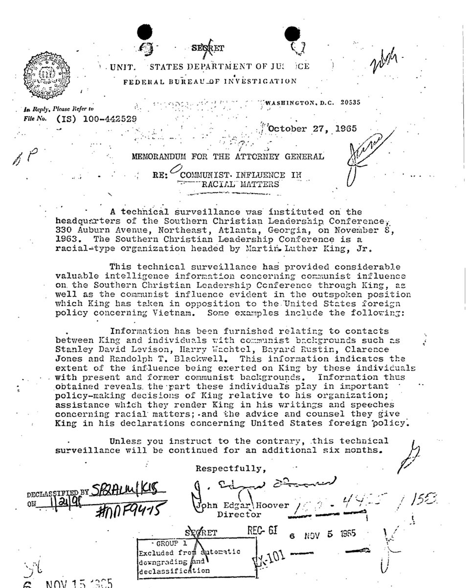 geraldposner's tweet image. In an era where Dr. King is honored with a national holiday, few realize the FBI targeted him as a national security threat. Hoover cited “Communist Influence in Racial Matters” to justify years of illegal surveillance. The files are a sordid reminder of unchecked govt power