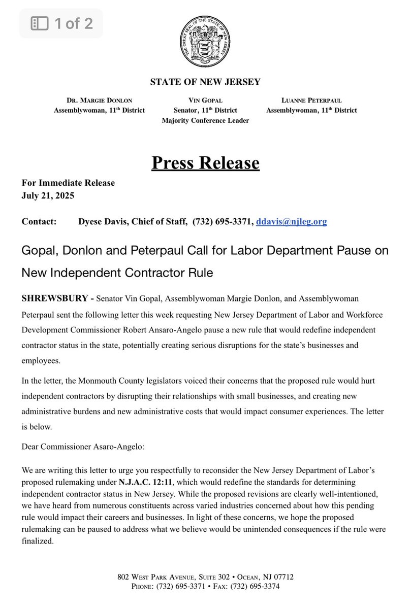 thekimkavin's tweet image. 🚨🚨🚨
Three more DEMOCRATS in Trenton say proposed NJDOL rule would “hurt independent contractors”
🚨🚨🚨