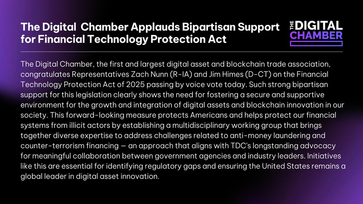 DigitalChamber's tweet image. TDC congratulates @zachnunn and @jahimes on the passage of the bipartisan Financial Technology Protection Act.
