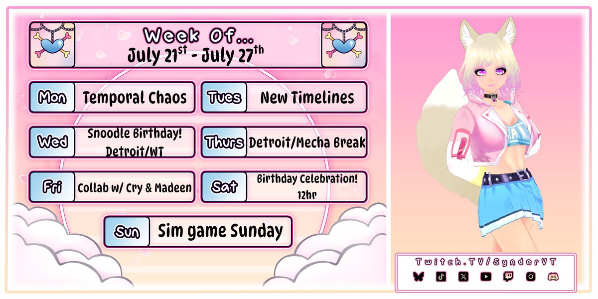 Hiya Familiars!!!! Here is our plans for the week! On Saturday, to celebrate my Birthday we will be having a 12hr stream and I will be joined by a few amazing friends! I hope you all have a Foxerific week!!!