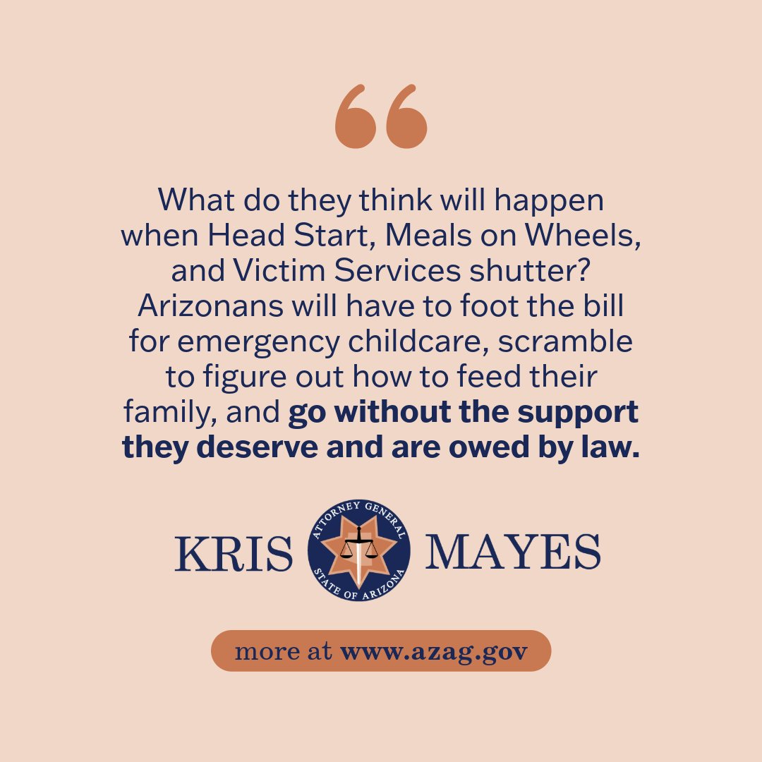AZAGMayes's tweet image. This is yet another outrageous attempt by this administration to workaround the law and disrupt critical services Arizonans depend on every day.
Press Release: azag.gov/press-release/…