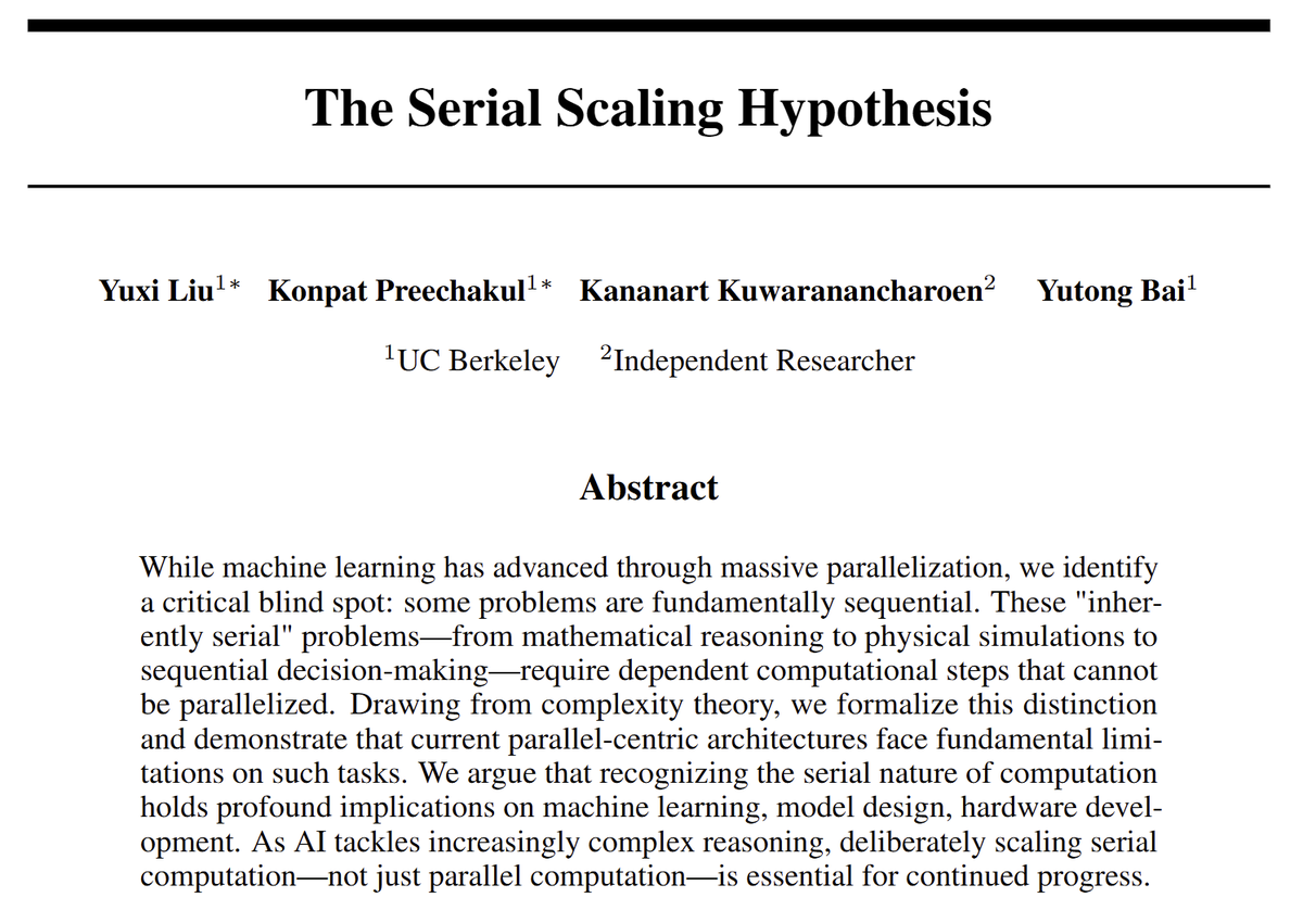 Yuxi on the Wired (@layer07_yuxi) on Twitter photo thread on the new paper: The Serial Scaling Hypothesis
joint work with: @phizaz, <a href="/YutongBAI1002/">Yutong Bai</a>, Kananart thread on the new paper: The Serial Scaling Hypothesis
joint work with: @phizaz, <a href="/YutongBAI1002/">Yutong Bai</a>, Kananart