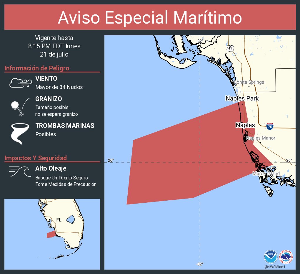 NWSMiami's tweet image. Aviso Especial Marítimo incluye Aguas costeras desde Chokoloskee hasta Playa Bonita desde 20 hasta 60 MN y Aguas costeras desde Chokoloskee hasta Playa Bonita hasta 20 MN hasta las 8:15 PM EDT