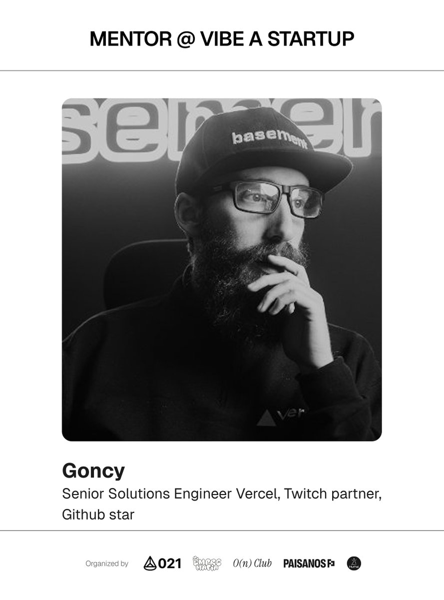 vibeastartup's tweet image. MENTOR @goncy
One of the most beloved figures in the ecosystem, helping everyone from beginners to top-level profiles. And also Senior Solutions Engineer at @vercel . He's a MUST.