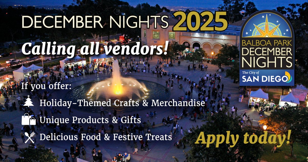 CityofSanDiego's tweet image. Calling all entertainers and vendors! The City of San Diego is now accepting applications for this year’s annual December Nights on Dec. 5 & 6, 2025. 🎁
Secure your spot before prices go up July 24: sandiego.gov/decembernights.
#DecemberNights #SanDiego