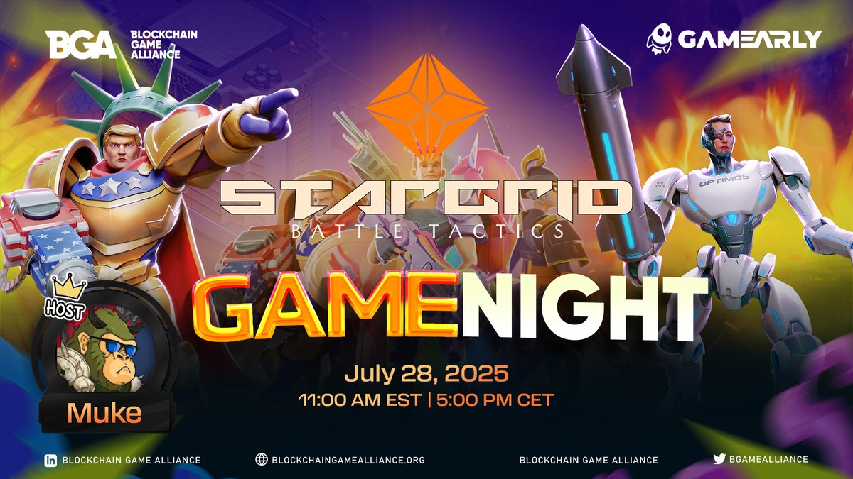 BGameAlliance's tweet image. 🔥 Mark your calendars – @StarGridBattle Game Night is locked in!

📅 July 28, 2025
⏰ 11:00 AM EST | 5:00 PM CET

🛡️ Gear up for StarGrid Battle Tactics – intense 1v1 tactical strategy showdowns featuring iconic crypto heroes on gridded space arenas, with strategic depth and…