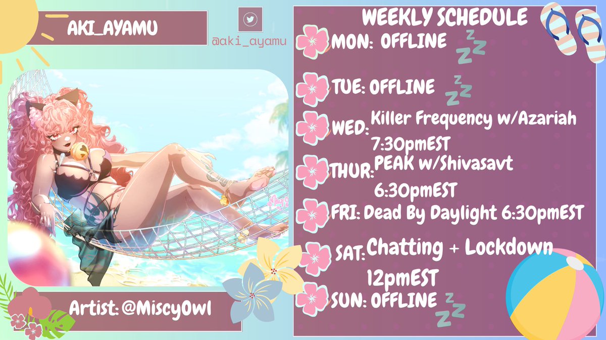 aki_ayamu's tweet image. HERE IS THIS WEEK'S SCHEDULE!!🐚
Wed: Playing more killer frequency with Aza🏄♀️
Thur: PEAK with Shivaaa🐢
Fri: Dead By Daylight🌴
Sat: Chatting then a big lockdown collab!!🐠
BE THERE🫵