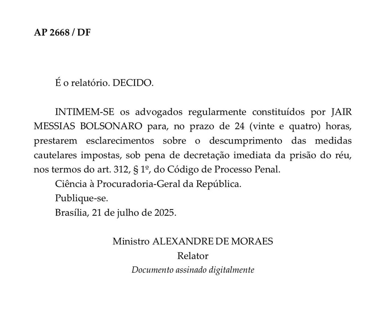 democraciacc's tweet image. 🚨 URGENTE: Moraes dá 24h para defesa de Bolsonaro explicar entrevista e descumprimento das medidas cautelares impostas. Caso não se manifeste, ex-presidente pode ser preso.