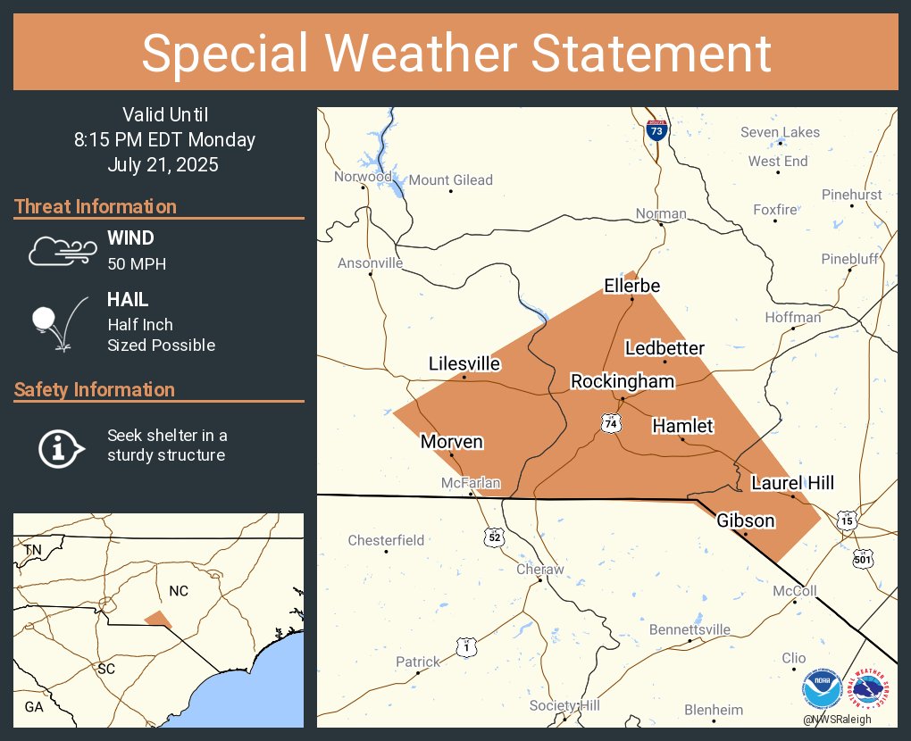 NWSRaleigh's tweet image. A special weather statement has been issued for Rockingham NC, Hamlet NC and East Rockingham NC until 8:15 PM EDT