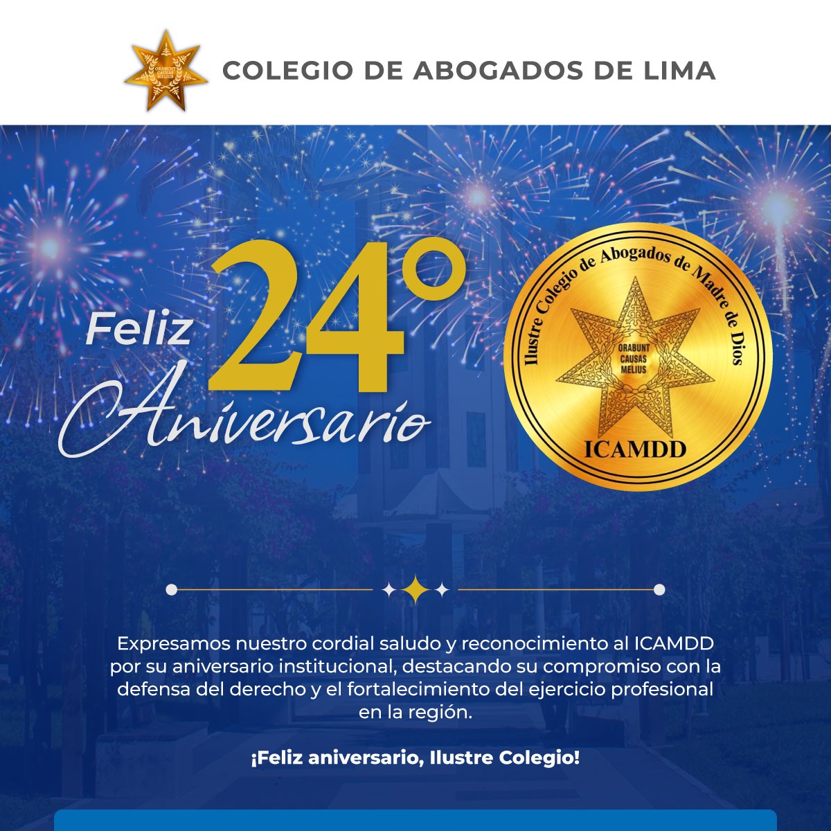 CALPERUOFICIAL's tweet image. 🔵📢 #SaludoInstitucional | ¡Feliz 24.º Aniversario, ICAMDD!
Desde el Colegio de Abogados de Lima extendemos nuestro más cordial saludo y reconocimiento al Icamdd - Ilustre Colegio de Abogados de Madre de Dios por un nuevo año de vida institucional.
Destacamos su valioso…
