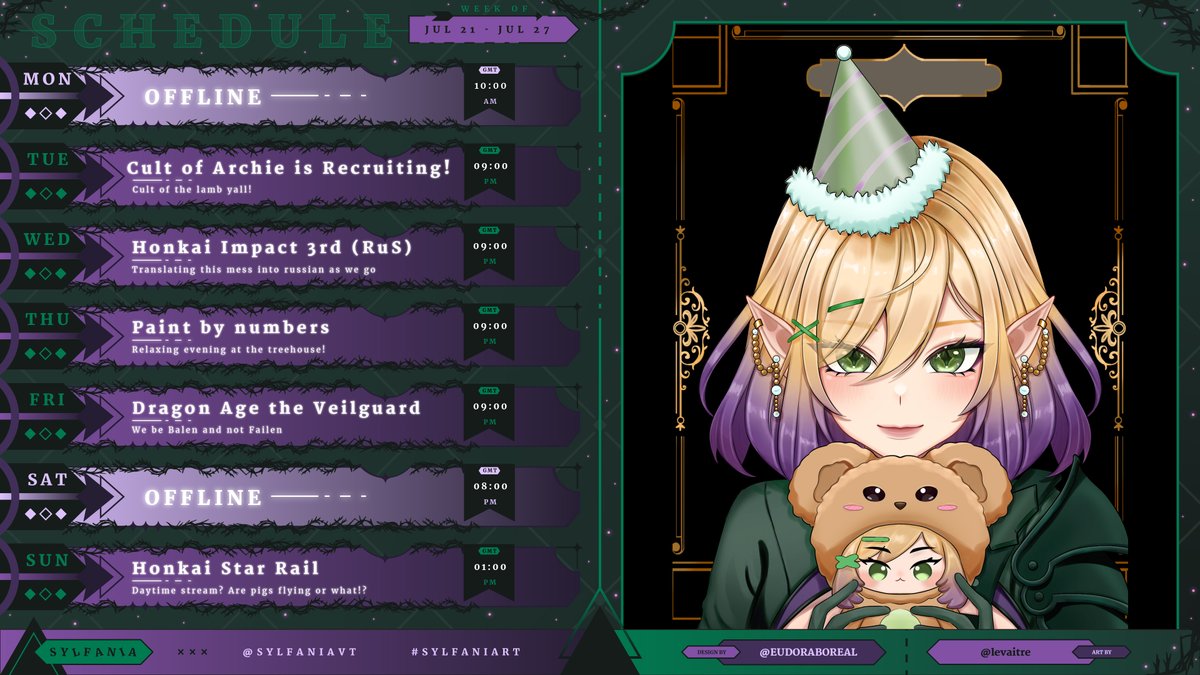 SylfaniaVT's tweet image. 🏹🧝♀️STREAM SCHEDULE 21.07-27.07🧝♀️🏹
We are hopefully back with a week of streams! Some fun usual suspects and old favourites! New art by @/levaitre!