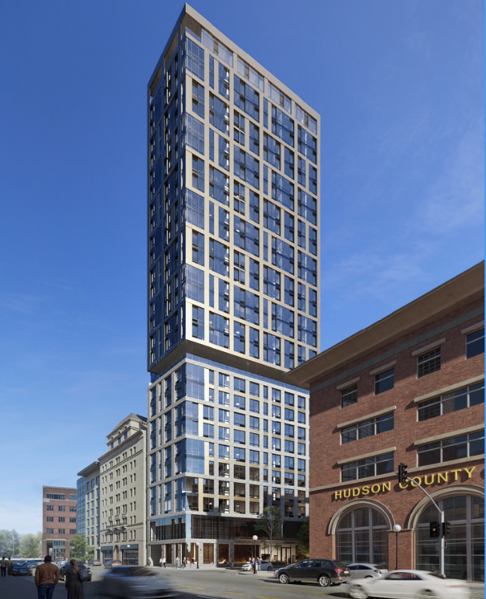 3_under_scores_'s tweet image. Renderings of new 29-story proposal for 54 Jones St in Journal Square, JC. 190 apartments, retail, and 96 bike parking spots on a 6,234 sq ft lot. FAR 23. 1328 du/ac. This was slated for a 10-story building before the Journal Square affordable-housing rezoning in August 2024