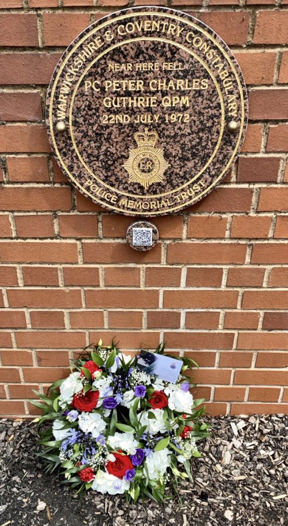 tpmt_org's tweet image. Today we remember P.C Peter Guthrie QPM (Gallantry) who was shot and murdered in 1972 whilst attending a burglary at a gun shop in Coventry. We erected our memorial to him in 2022 where we laid flowers this morning #HonouringThoseWhoServe #PoliceFamily #PoliceMemorials
@WMPolice