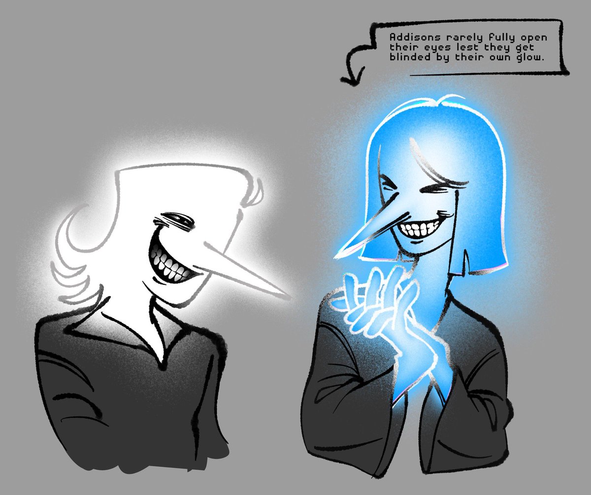 scarily_lacking's tweet image. My HC is that Spamton’s glow as an Addison was already slightly dimmer than the rest, so he could actually open his eyes a little to see without being blinded.
I also gave the Addisons weirdly detailed teeth because I think it looks weird as hell :)
#deltarune #spamton