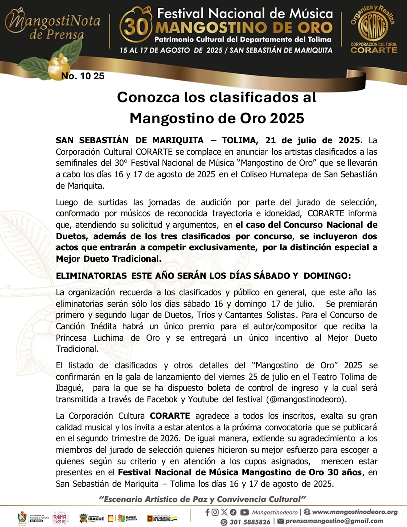 MANGOSTINODEORO's tweet photo. #MangostiNota 06 25 | Se acabó la espera... CORARTE presenta los #Clasificados 2025 del 30° Festival Nacional de Música #mangostinodeoro30años
Apoyan:  Gobernación del Tolima Alcaldía de Ibagué Alcaldía San Sebastián de Mariquita https://t.co/kv4cMks231
