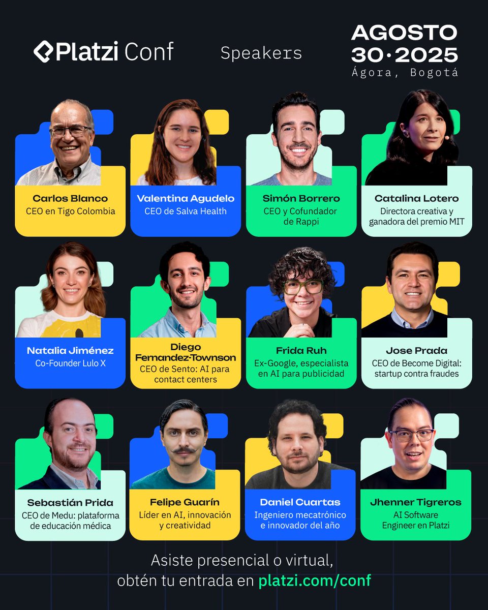 platzi's tweet image. 🤩 Speakers que conocerás este 30 de agosto en Platzi Conf Bogotá 2025.
Aprende de las personas que están liderando la industria de la tecnología.
Asiste en línea o presencialmente. ¡No te quedes sin tu entrada! 👇
